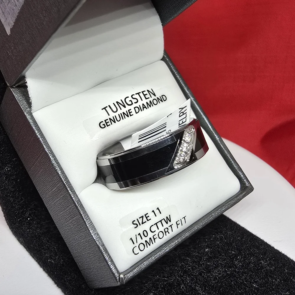 Tungsten Diamond Ring – Black & Silver Two‑Tone – Men’s Heavyweight Band – NWT